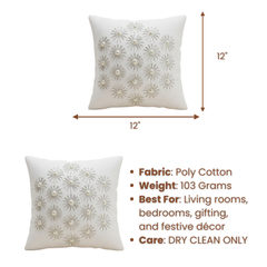 Handcrafted White Cushion Cover – 12"x12" | Poly Cotton | Elegant 3D Floral Detailing | Premium Festive Décor