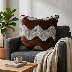 Hand Crafted Cushion Cover – Light Brown | 16"x16" | Poly Chenille-Cotton Fabric | Embellished Wave Design