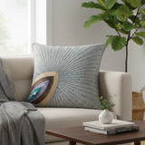Handcrafted Gray Cushion Cover – 16"x16" | Radiant Eye Motif Embroidered Design | Premium Polyester-Cotton