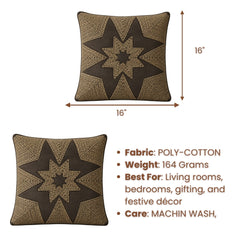 Machine Crafted Brown Cushion Cover – 16"x16" | Geometric Star Patchwork Embroidery | Premium Poly-Cotton Decorative Cushion Cover