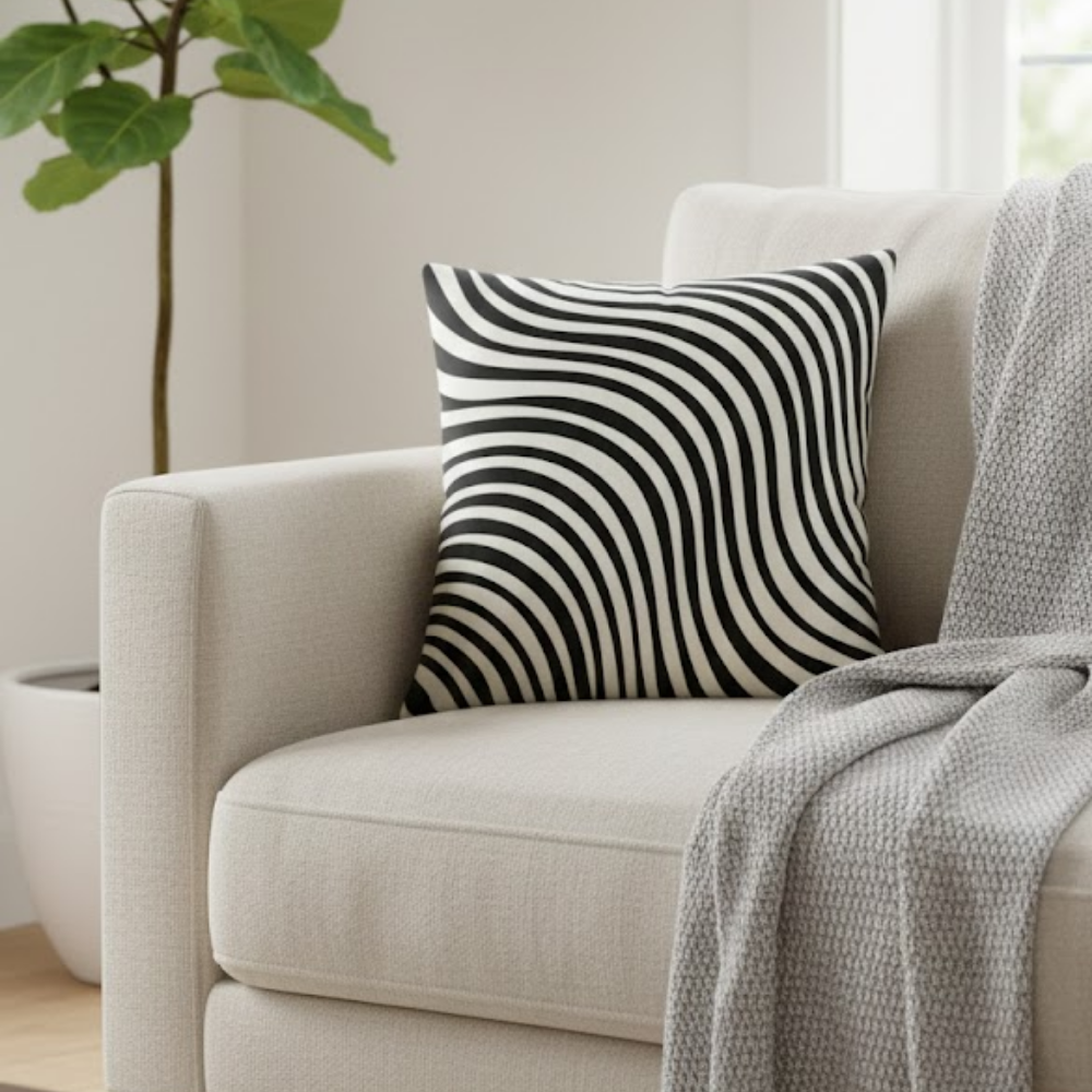 Fabric-Crafted Black Cushion Cover – 16"x16" | Modern Wave-Stripe Pattern | Poly Cotton Foam |