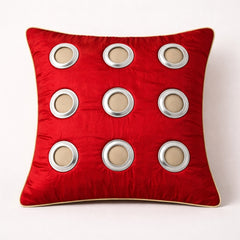 Hand Crafted Cushion Cover – Red | 16"x16" | Poly Cotton | Designer Ring Embellished Pattern