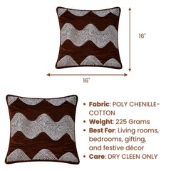 Hand Crafted Cushion Cover – Light Brown | 16"x16" | Poly Chenille-Cotton Fabric | Embellished Wave Design