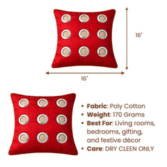 Hand Crafted Cushion Cover – Red | 16"x16" | Poly Cotton | Designer Ring Embellished Pattern