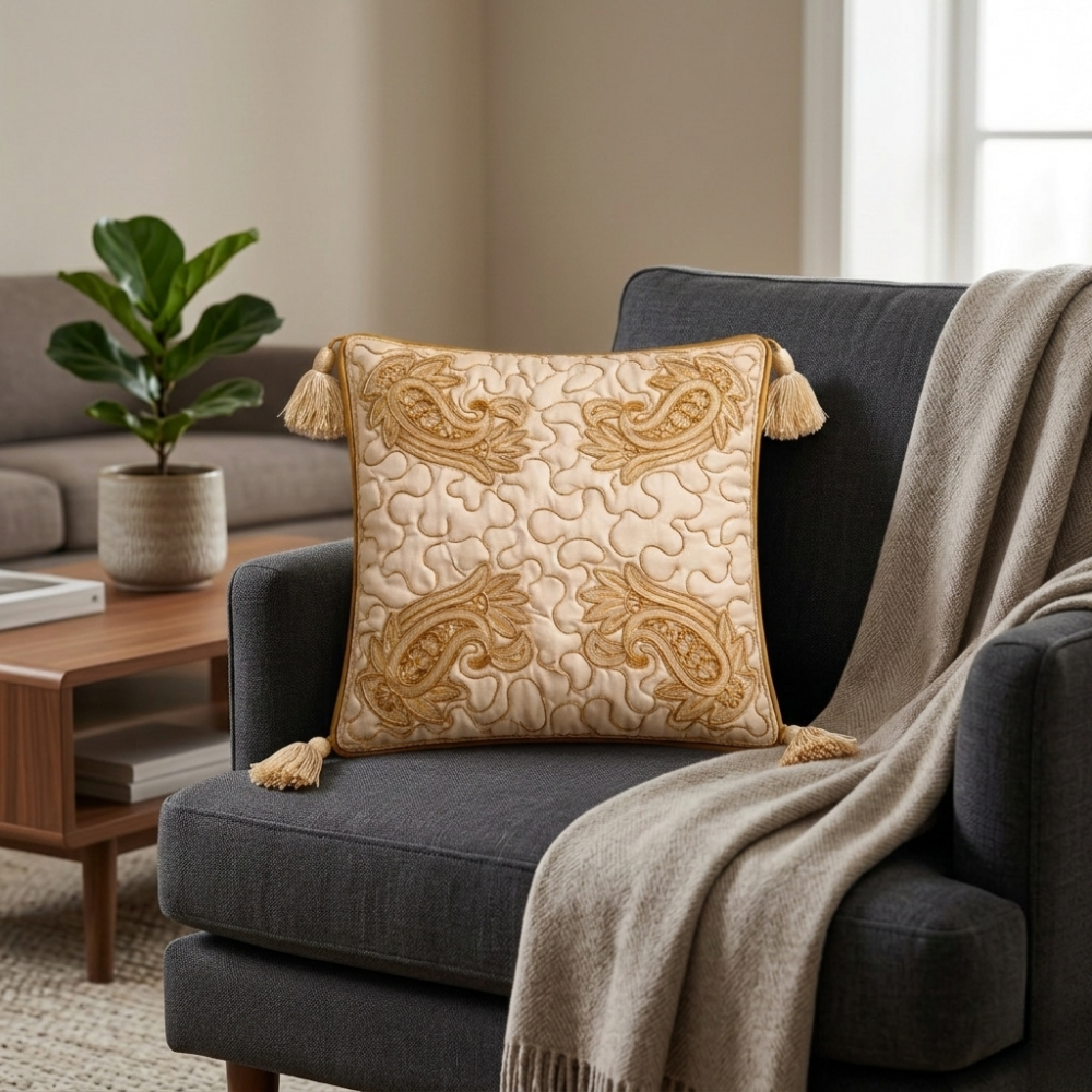 Hand Crafted Cushion Cover – Beige | 12"x12" | Poly Cotton | Embroidered Paisley Design