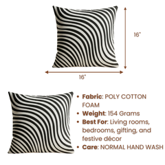 Fabric-Crafted Black Cushion Cover – 16"x16" | Modern Wave-Stripe Pattern | Poly Cotton Foam |
