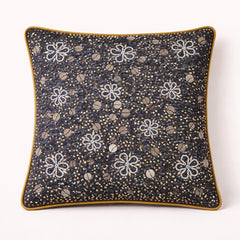 Hand Crafted Cushion Cover – Black | 16"x16" | Poly Cotton | Floral Embroidered Sequin Design
