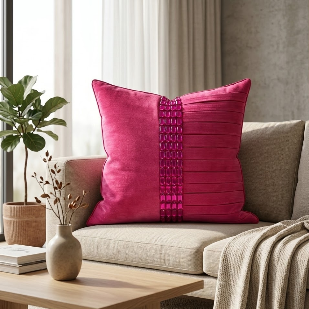 Hand Crafted Cushion Cover – Pink | 16"x16" | Poly Cotton | Pleated Panel Design