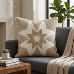 Machine Crafted Cream Cushion Cover – 16"x16" | Geometric Star Patchwork Embroidery | Premium Poly-Cotton Decorative Cushion Cover