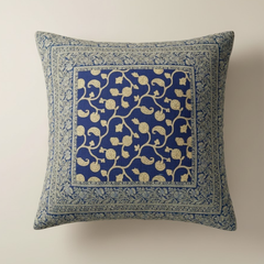 Fabric-Crafted Blue Cushion Cover – 24"x24", Inspired by Kashmiri & Mughal Art | Premium Poly Cotton