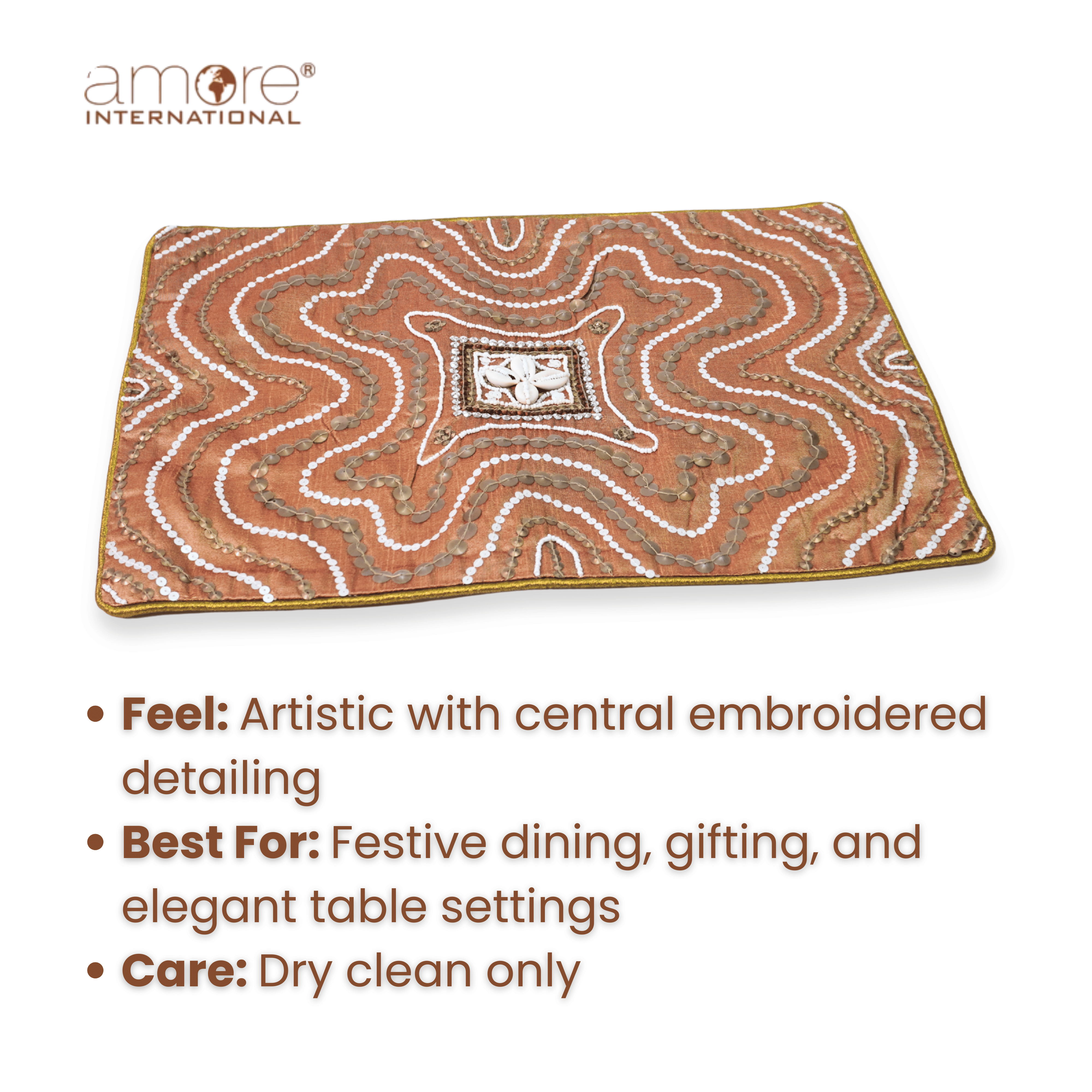 Handcrafted Embroidered Placemat – Bronze, 12"x18"