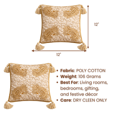 Hand Crafted Cushion Cover – Beige | 12"x12" | Poly Cotton | Embroidered Paisley Design