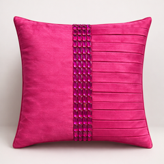 Hand Crafted Cushion Cover – Pink | 16"x16" | Poly Cotton | Pleated Panel Design