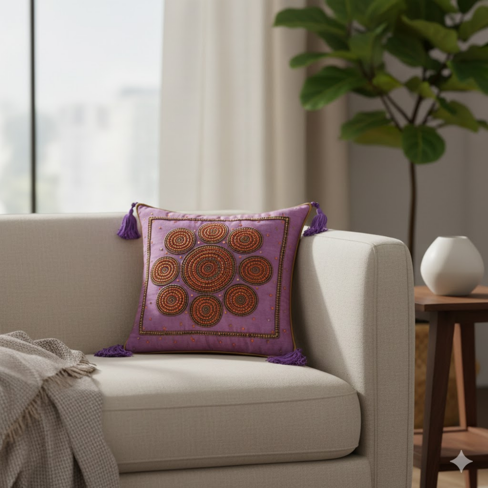 Handcrafted Pink Cushion Cover – 12"x12" | Circular Embroidered Motif | Tassel Accents | Premium Poly Cotton