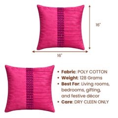 Hand Crafted Cushion Cover – Pink | 16"x16" | Poly Cotton | Pleated Panel Design