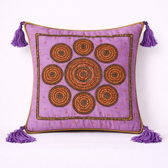 Handcrafted Pink Cushion Cover – 12"x12" | Circular Embroidered Motif | Tassel Accents | Premium Poly Cotton