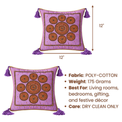 Handcrafted Pink Cushion Cover – 12"x12" | Circular Embroidered Motif | Tassel Accents | Premium Poly Cotton