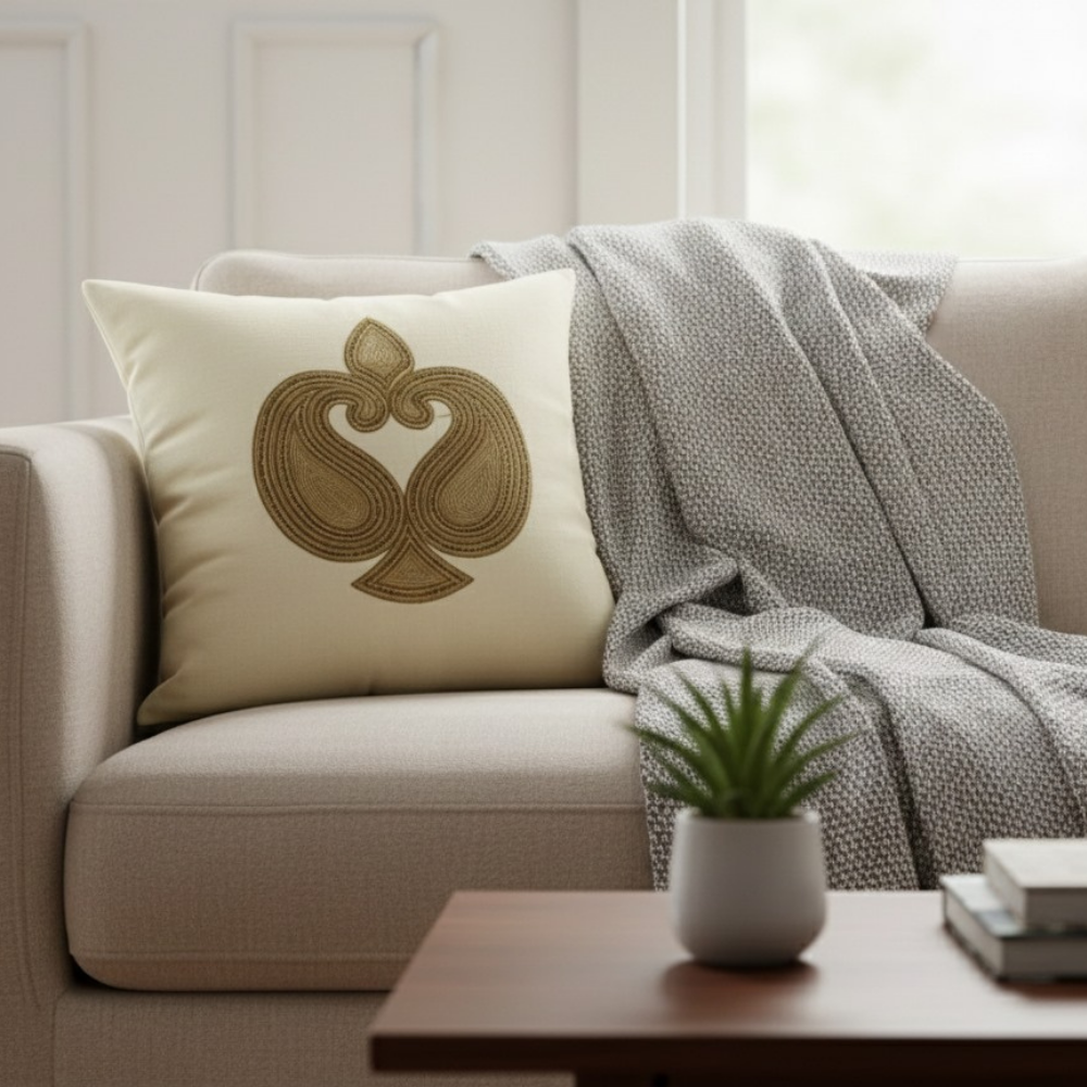 Handcrafted Beige Cushion Cover – 16"x16" | Intricate Traditional Embroidered Motif | Premium Poly Cotton