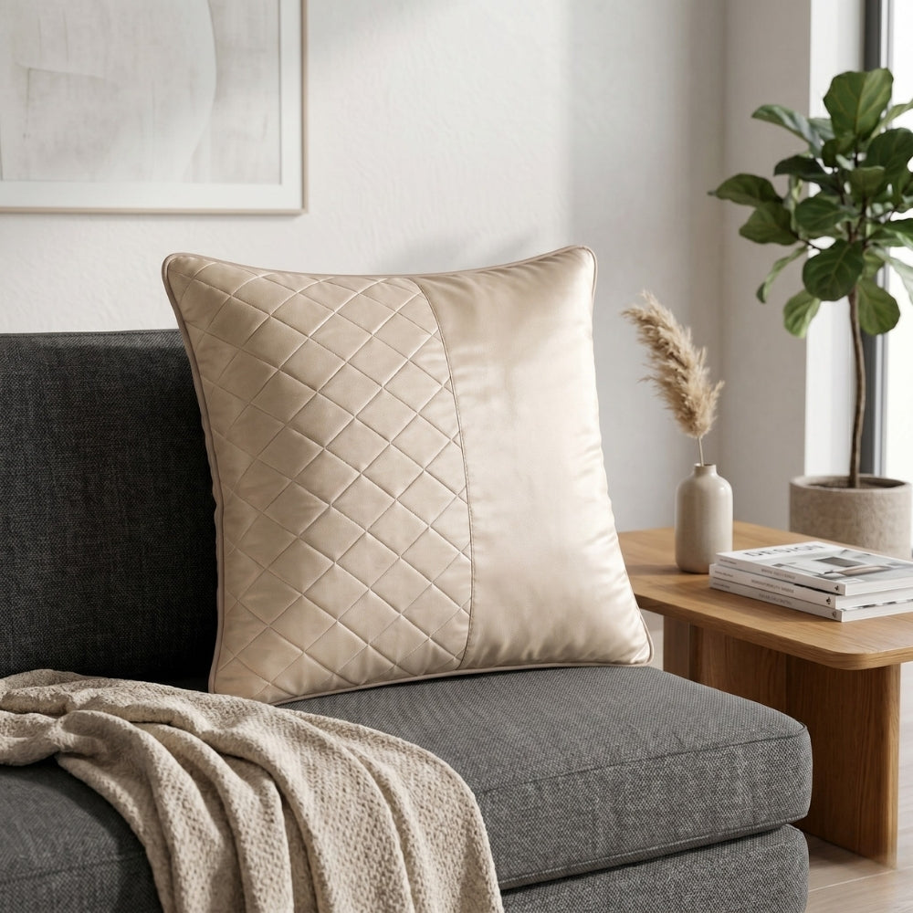 Fabric Crafted Cushion Cover – Light Beige | 16"x16" | Poly Cotton Fabric | Premium Woven Panel Design