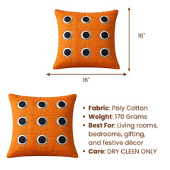 Hand Crafted Cushion Cover – Orange | 16"x16" | Poly Cotton | Designer Ring Embellished Pattern