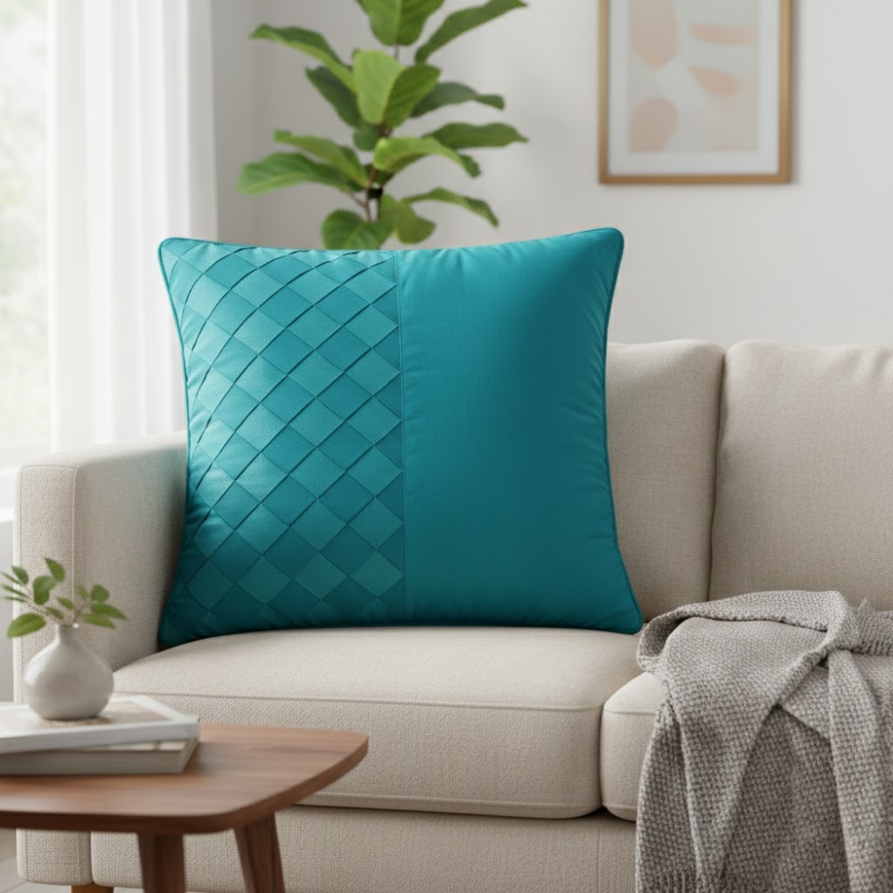 Fabric Crafted Cushion Cover – Dark Turquoise | 16"x16" | Poly Cotton | Premium Textured Design