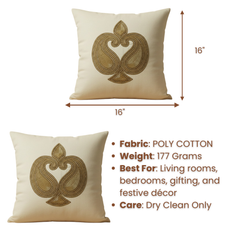 Handcrafted Beige Cushion Cover – 16"x16" | Intricate Traditional Embroidered Motif | Premium Poly Cotton