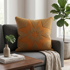 Machine Crafted Orange Cushion Cover – 16"x16" | Geometric Star Patchwork Embroidery | Premium Poly-Cotton Decorative Cushion Cover