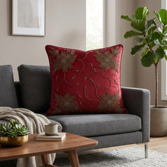 Handcrafted Cushion Cover – Red | 16"x16" | Floral Embroidered Decorative Cushion Cover