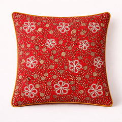 Hand Crafted Cushion Cover – Maroon | 16"x16" | Poly Cotton | Floral Embroidered Sequin Design