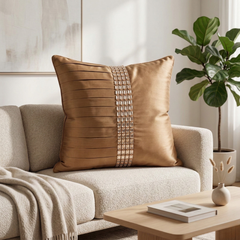 Hand Crafted Cushion Cover – Gold | 16"x16" | Poly Cotton | Pleated Panel Design