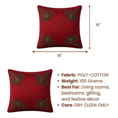 Handcrafted Cushion Cover – Red | 16"x16" | Floral Embroidered Decorative Cushion Cover
