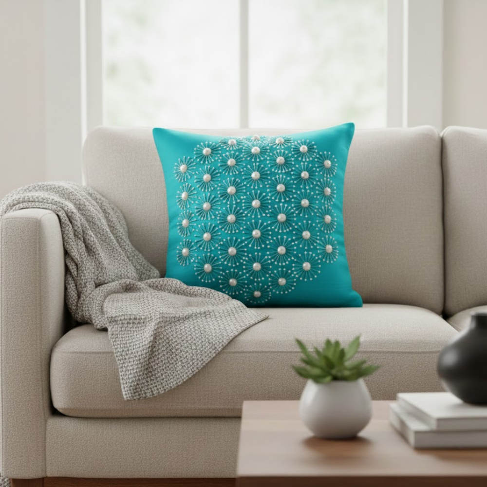 Handcrafted Turquoise Cushion Cover – 16"x16" | Poly Cotton | Elegant 3D Floral Detailing | Premium Festive Décor