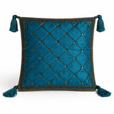 Hand Crafted Cushion Cover – Turquoise | 16"x16" | Poly Cotton | Embroidered Diamond Pattern with Tassels