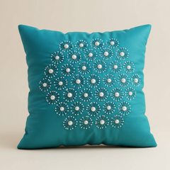 Handcrafted Turquoise Cushion Cover – 16"x16" | Poly Cotton | Elegant 3D Floral Detailing | Premium Festive Décor