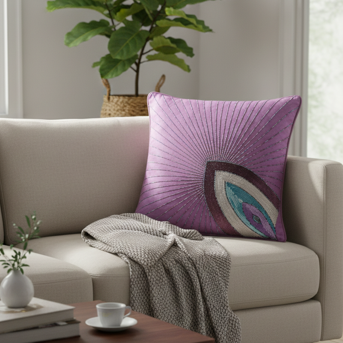 Handcrafted Purple Cushion Cover – 16"x16" | Radiant Eye Motif Embroidered Design | Premium Polyester-Cotton
