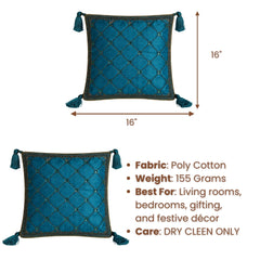 Hand Crafted Cushion Cover – Turquoise | 16"x16" | Poly Cotton | Embroidered Diamond Pattern with Tassels
