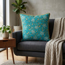 Hand Crafted Cushion Cover – Turquoise | 16"x16" | Poly Cotton | Floral Embroidered Sequin Design