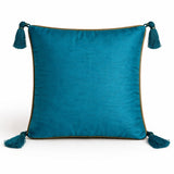 Hand Crafted Cushion Cover – Turquoise | 16"x16" | Poly Cotton | Embroidered Diamond Pattern with Tassels