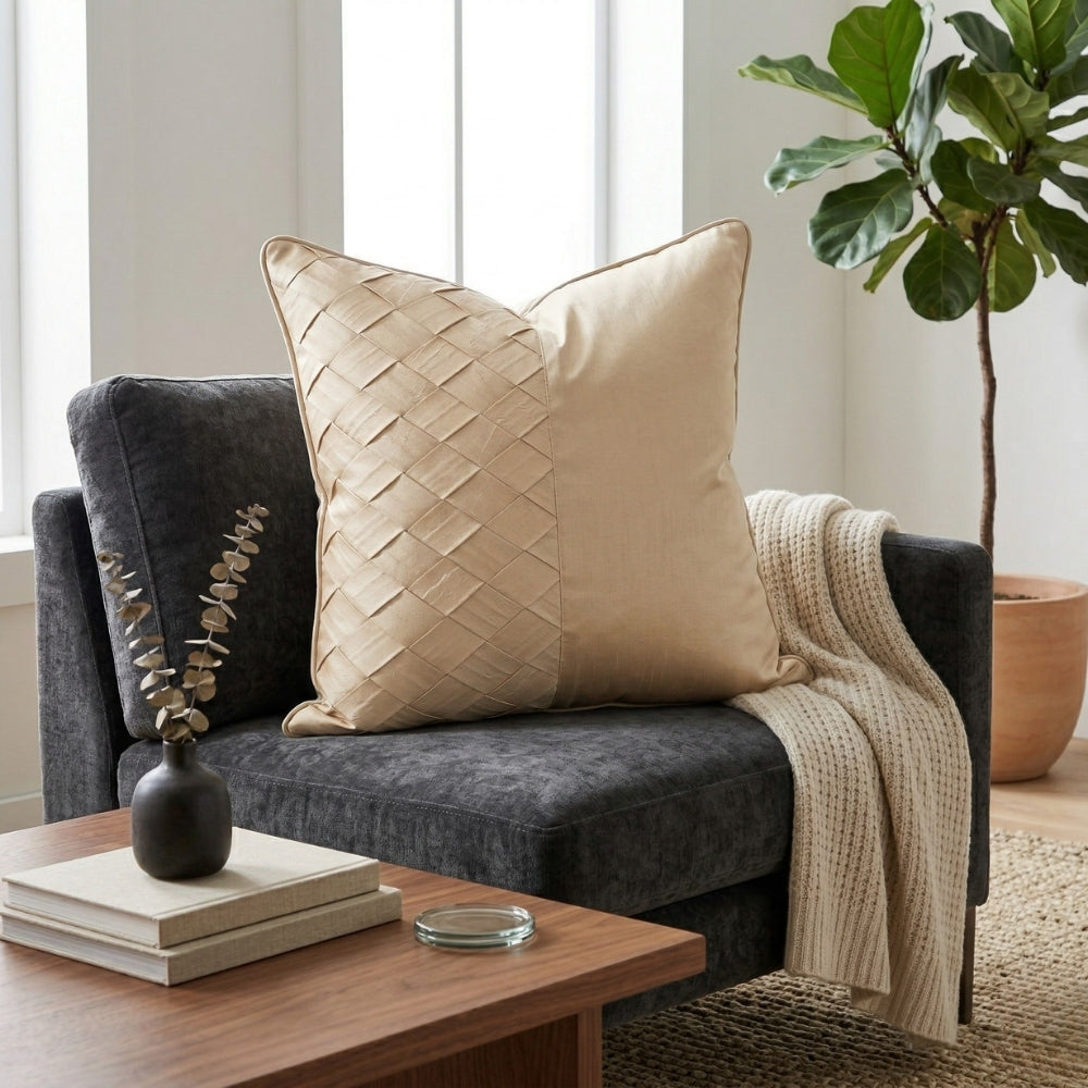 Fabric Crafted Cushion Cover – Cream Beige | 16"x16" | Poly Cotton Fabric | Premium Woven Panel Design