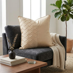 Fabric Crafted Cushion Cover – Cream Beige | 16"x16" | Poly Cotton Fabric | Premium Woven Panel Design