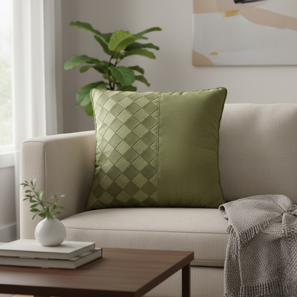 Fabric Crafted Cushion Cover – Green | 16"x16" | Poly Cotton | Fresh & Elegant Design