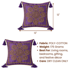 Handcrafted Purple Cushion Cover – 12"x12" | Circular Embroidered Motif | Tassel Accents | Premium Poly Cotton
