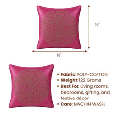 Machine Crafted Pink Cushion Cover – 16"x16" | Elegant Gold Floral Embroidery | Premium Poly-Cotton Decorative Cushion Cover