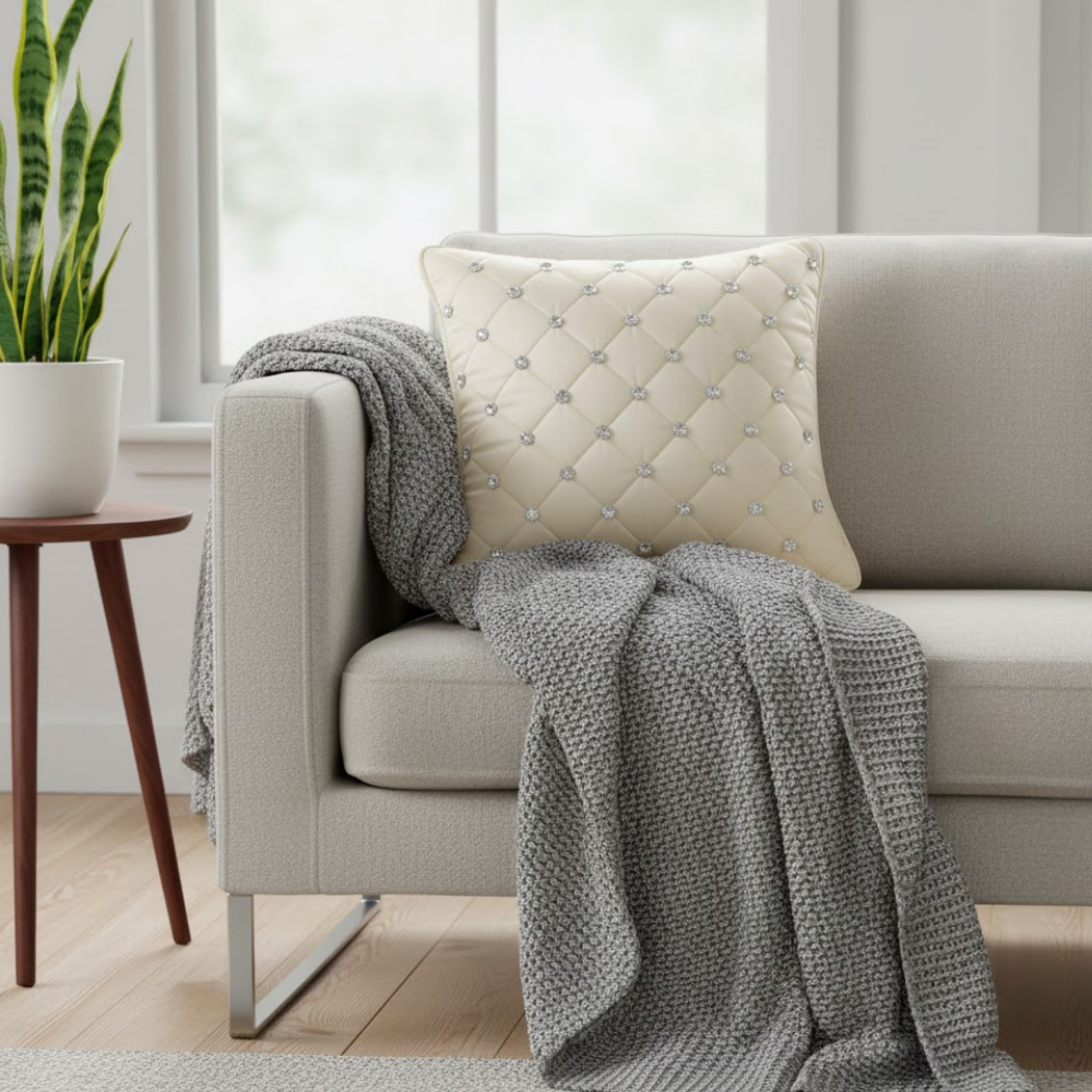 Handcrafted Tan Cushion Cover – 16"x16" | Premium Poly-Cotton Matty | Crystal-Studded Diamond Quilting | Warm Luxe Décor