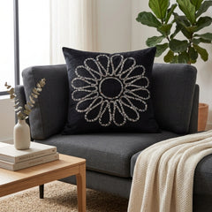 Hand Crafted Cushion Cover – Black | 16"x16" | Poly Cotton Fabric | Work Floral Design