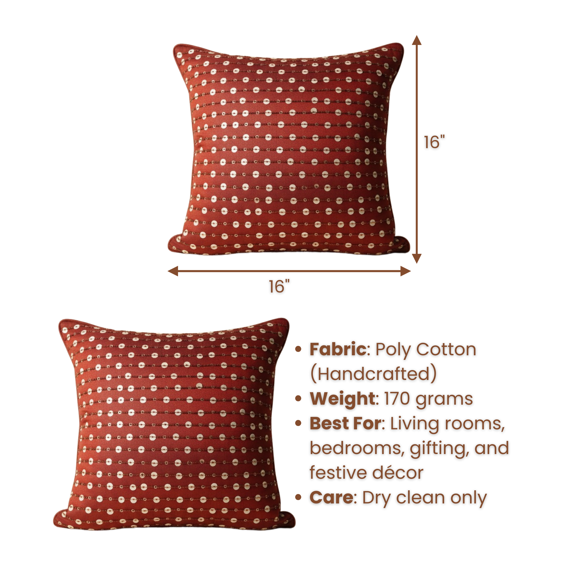 Handcrafted Red Cushion Cover – 16"x16", Premium Poly Cotton