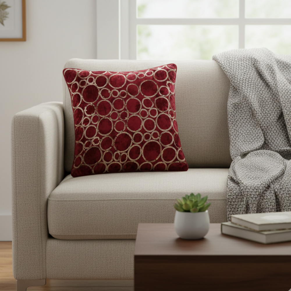 Machine-Crafted Dark Maroon Cushion Cover – 12"x12" | Circular Embroidered Design | Premium Poly Channel Fabric