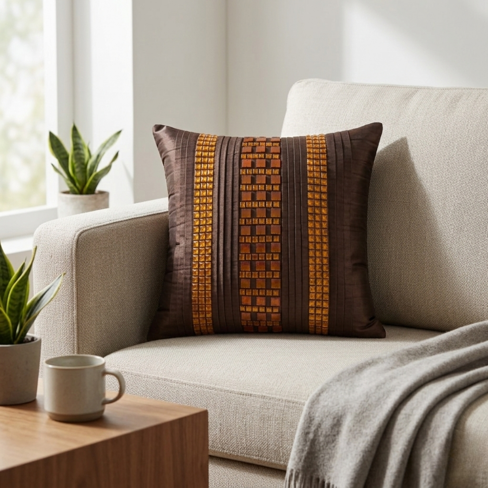 Hand Crafted Cushion Cover – Brown | 12"x12" | Poly Cotton | Textured Panel Design