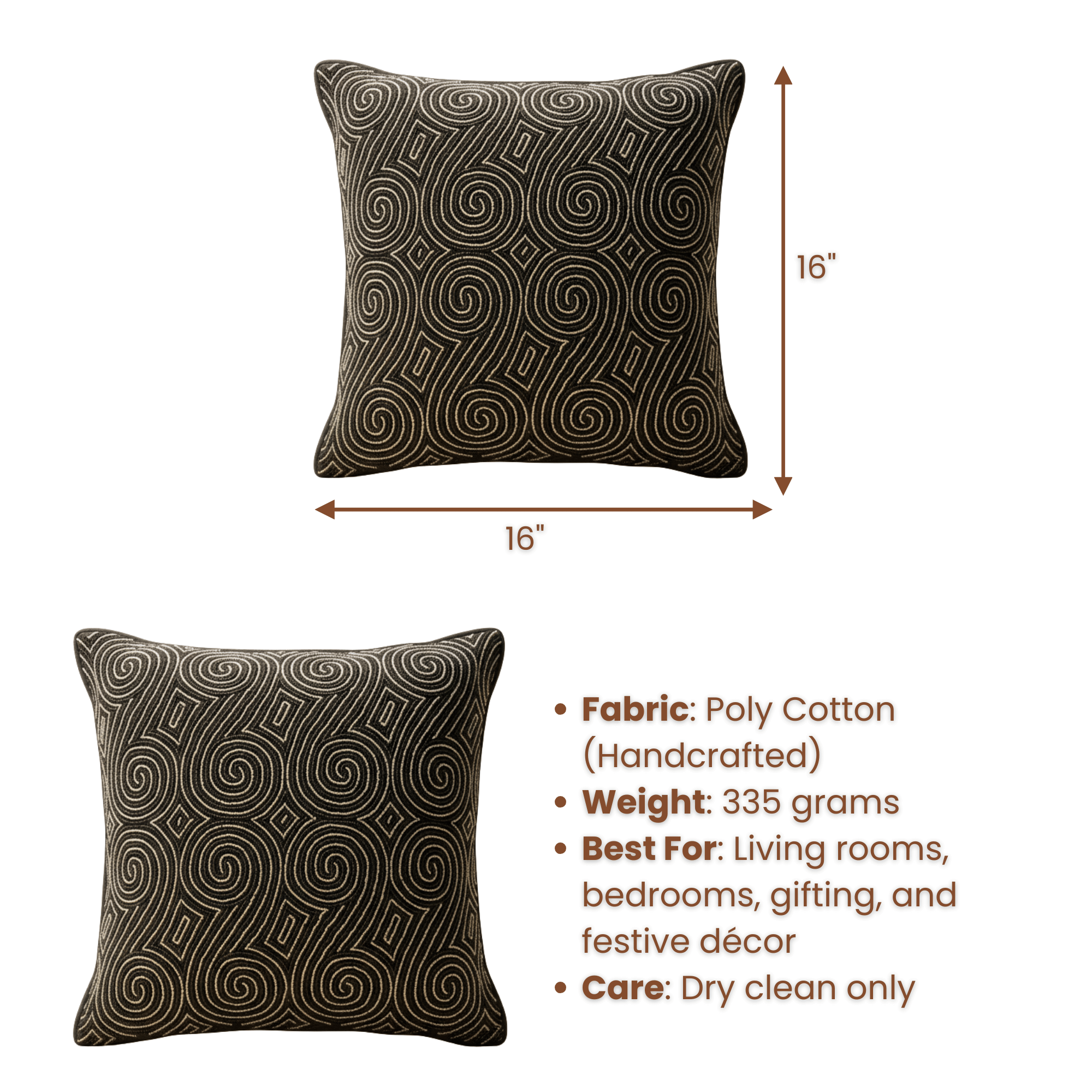 Handcrafted Brown Cushion Cover – 16"x16", Premium Poly Cotton