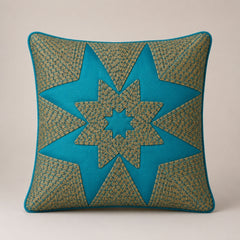 Machine Crafted Turquoise Cushion Cover – 16"x16" | Geometric Star Patchwork Embroidery | Premium Poly-Cotton Decorative Cushion Cover
